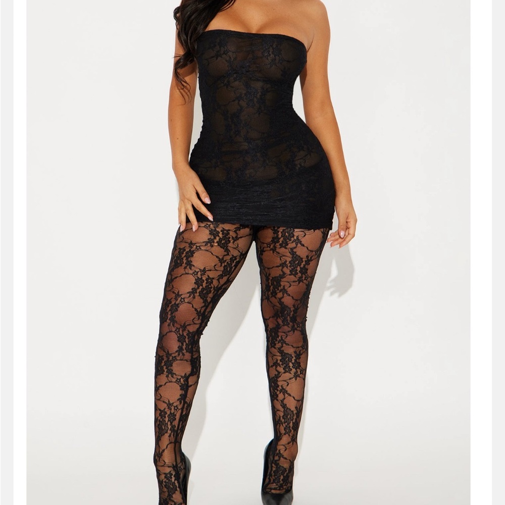 Elegant Black Lace Strapless Dress & Stockings